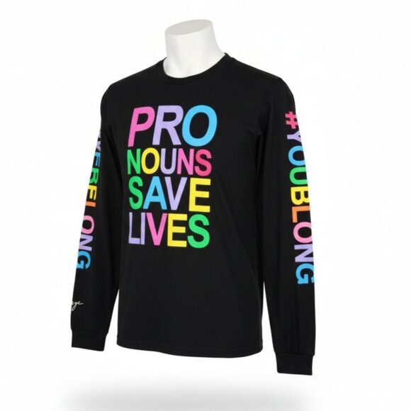 Bella + Canvas Other - Pronouns Save Lives Rainbow Long Sleeve Graphic Tee Black Bella Canvas Unisex